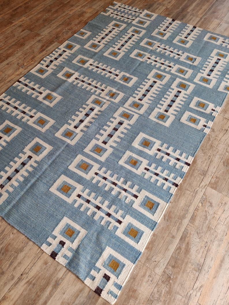 Modern Geometric Wool Rug, Handwoven Swedish Flatweave Rug, Handmade Mid Century Kilim Style Accent Rug, Blue Wool Rug 8x10, 9x12, 12x15, Modern design rug, Bedroom accent rug, Handmade kilim carpet, Indoor Rug, Personalized Rug, Luxury Rug