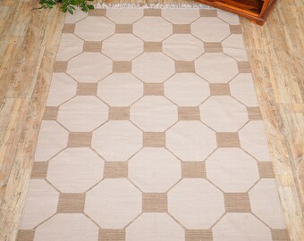 Geometric Design Cotton Wool Rug, Handwoven Wool Area Rug, 5x8 Flatweave Rug, Traditional Rug, Neutral Wool Carpet, Wool Rug For Living Room