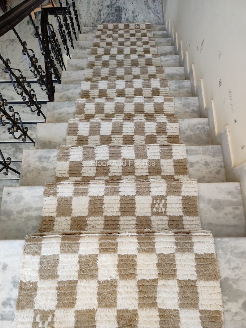 Stair Area Runner Rug - Modern Irregular Checkered Wool Dhurrie, Home Decor Step Area Rug, Stairway Padded Personalization Custom Rug