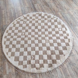 Beige Checkered Rug, Round Wool Rug, Beni Ourain Rug, Check Wool Rug, 5x5 Round Rug, Handmade Circle Rug, Rugs For Bedroom, Dining Table Rug