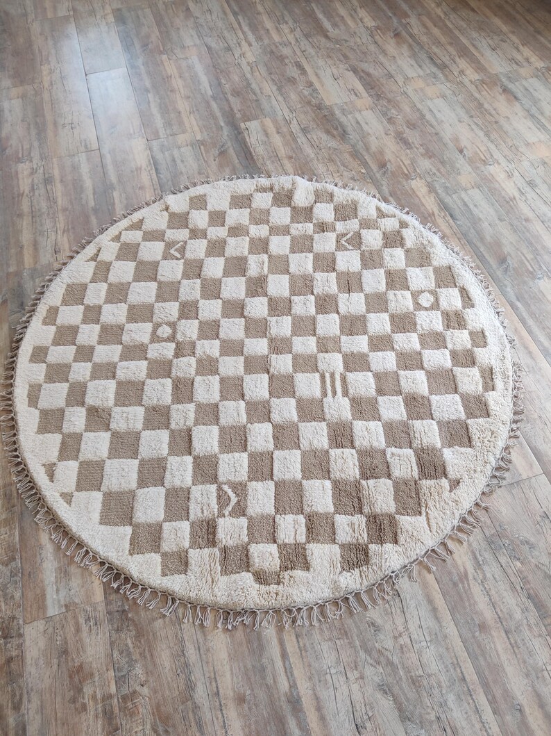 Beige Checkered Rug, Round Wool Rug, Beni Ourain Rug, Check Wool Rug, 5x5 Round Rug, Handmade Circle Rug, Rugs For Bedroom, Dining Table Rug