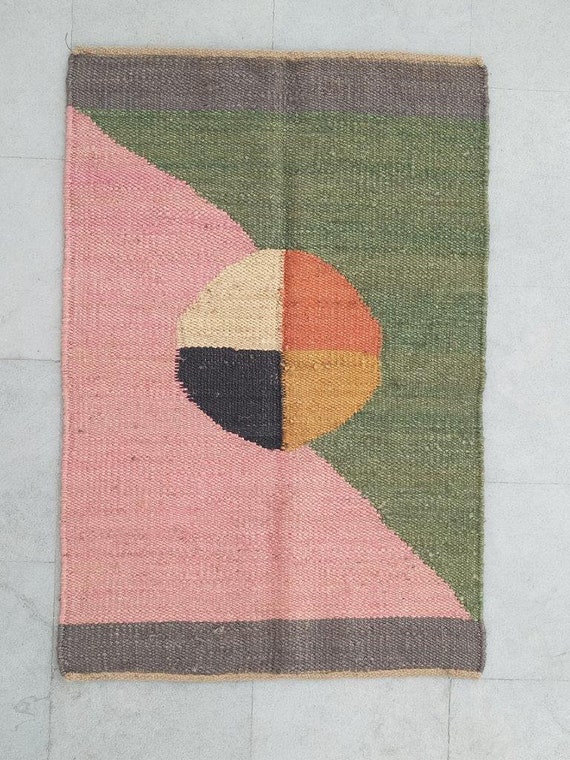 5x8 Pink Green Accent Outdoor Jute Rug, Handmade Modern Winter Rug