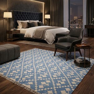 Puede incluir: Dormitorio con una cama grande, una alfombra estampada azul y blanca y un sill&oacute;n de cuero. La habitaci&oacute;n tiene suelo de madera oscura, una ventana grande y una iluminaci&oacute;n suave. La alfombra tiene un dise&ntilde;o geom&eacute;trico.
