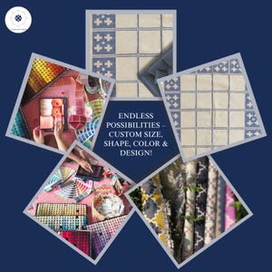 May include: A collage featuring textile samples and design tools. Images show a cream rug with blue grid and cross patterns, rolls of patterned fabric, and a workspace with yarn, color swatches, and the text: ENDLESS POSSIBILITIES &ndash; CUSTOM SIZE, SHAPE, COLOR & DESIGN!