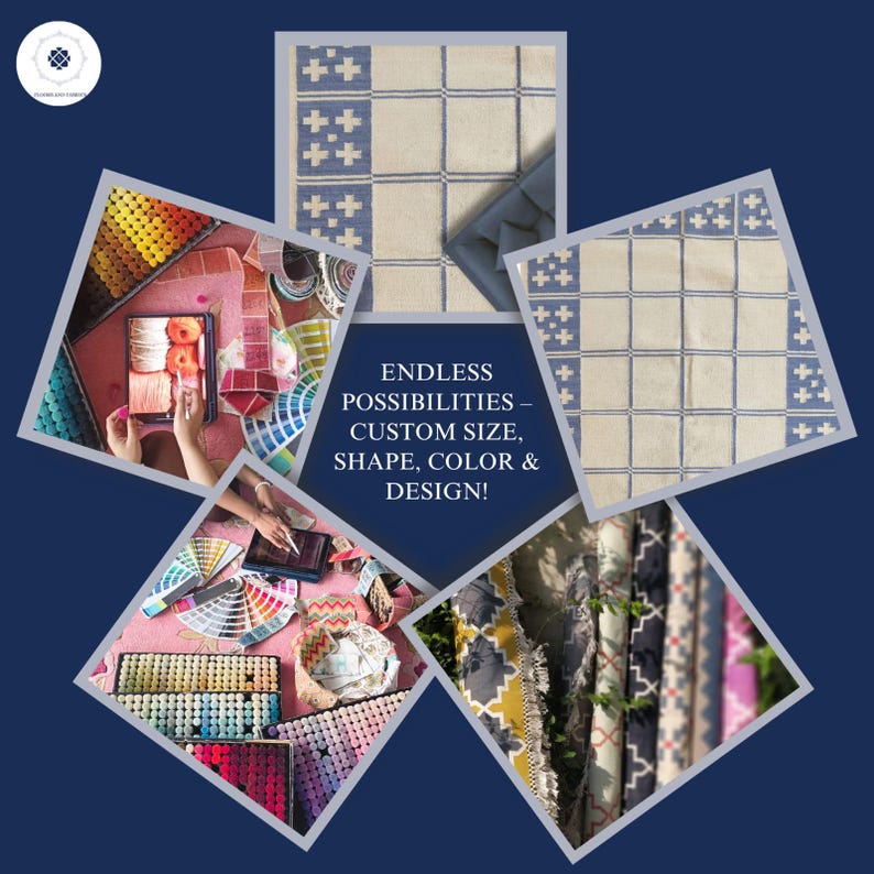 May include: A collage featuring textile samples and design tools. Images show a cream rug with blue grid and cross patterns, rolls of patterned fabric, and a workspace with yarn, color swatches, and the text: ENDLESS POSSIBILITIES &ndash; CUSTOM SIZE, SHAPE, COLOR & DESIGN!
