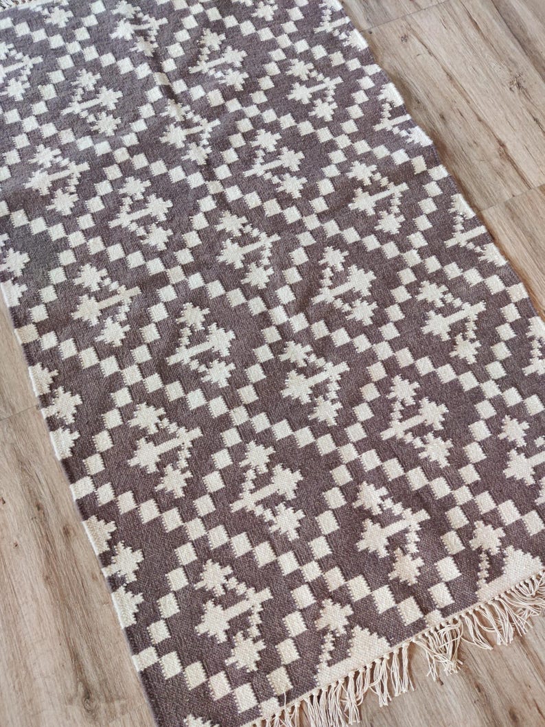 Handwoven Wool Rug, Modern Wool Brown And White Area Rug, Flatweave Rug, 5x8 Ft Kilim Woven Rug, Rugs For Bedroom, Indoor And Outdoor Rug