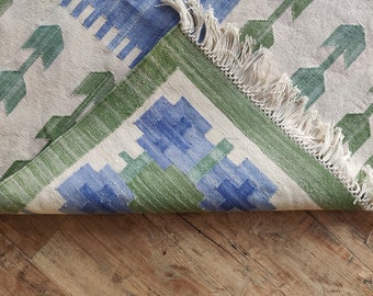 Modern Handmade Cotton Area Rug, Flatweave Rug, Natural Vegetable Dyed Rug, 6x9 Blue And Green Leaf Pattern Rug, Home And Living Room Rug