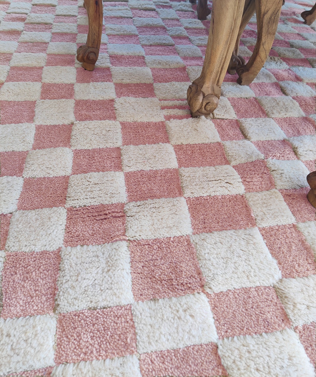 Irregular Checkered Area Rug, Baby Pink Color With off White, Low-high ...