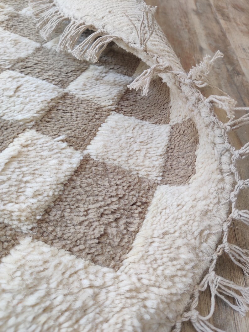 Beige Checkered Rug, Round Wool Rug, Beni Ourain Rug, Check Wool Rug, 5x5 Round Rug, Handmade Circle Rug, Rugs For Bedroom, Dining Table Rug
