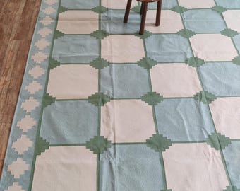 Handmade Cotton Area Flat Weave Rug, 8X10 Blue And Green Tile Indian Dhurrie Rug, Flat Weave Oriental Cotton Carpet, Modern Rug, Area Rug