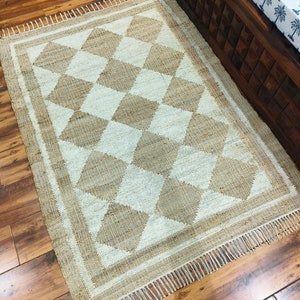Natural Jute Diamond Checkerboard Rug, Beige And White Rug, Jute Runner Rug, Jute Cotton Handwoven Rug, Custom Rug, Dining Table Rug
