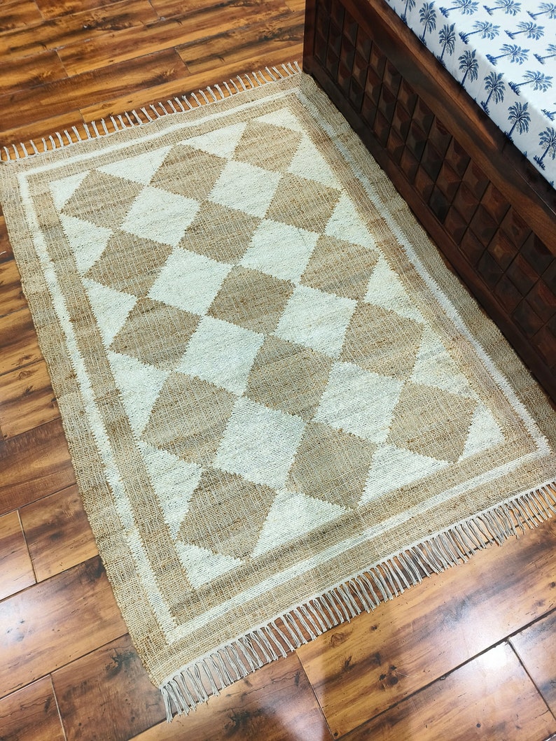Natural Jute Diamond Checkerboard Rug, Beige And White Rug, Jute Runner Rug, Jute Cotton Handwoven Rug, Custom Rug, Dining Table Rug