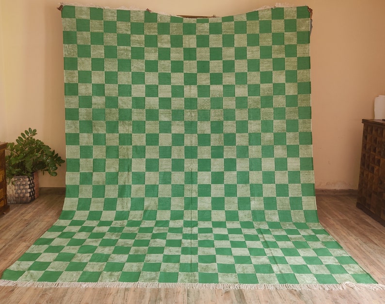 Green Checkered Cotton Chenille Rug, 8x10 Flatweave Area Rug, Handwoven Cotton Rug For Bedroom, Home And Living, Hallway Rug, Indoor Rug