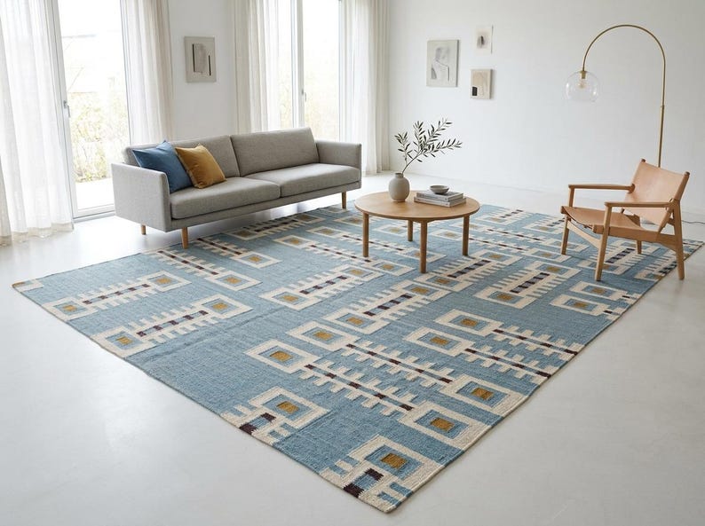 Handwoven Geometric Wool Rug: Mid Century Modern Kilim Style Dhurrie, Indoor Kilim Carpet, Bedroom, Living Room Rug, Wool Rug 8x10, 9x12 image 1