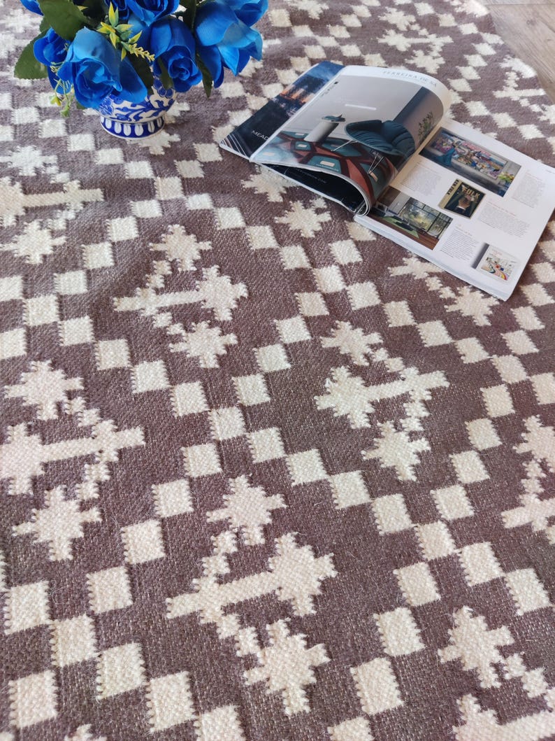Handwoven Wool Rug, Modern Wool Brown And White Area Rug, Flatweave Rug, 5x8 Ft Kilim Woven Rug, Rugs For Bedroom, Indoor And Outdoor Rug