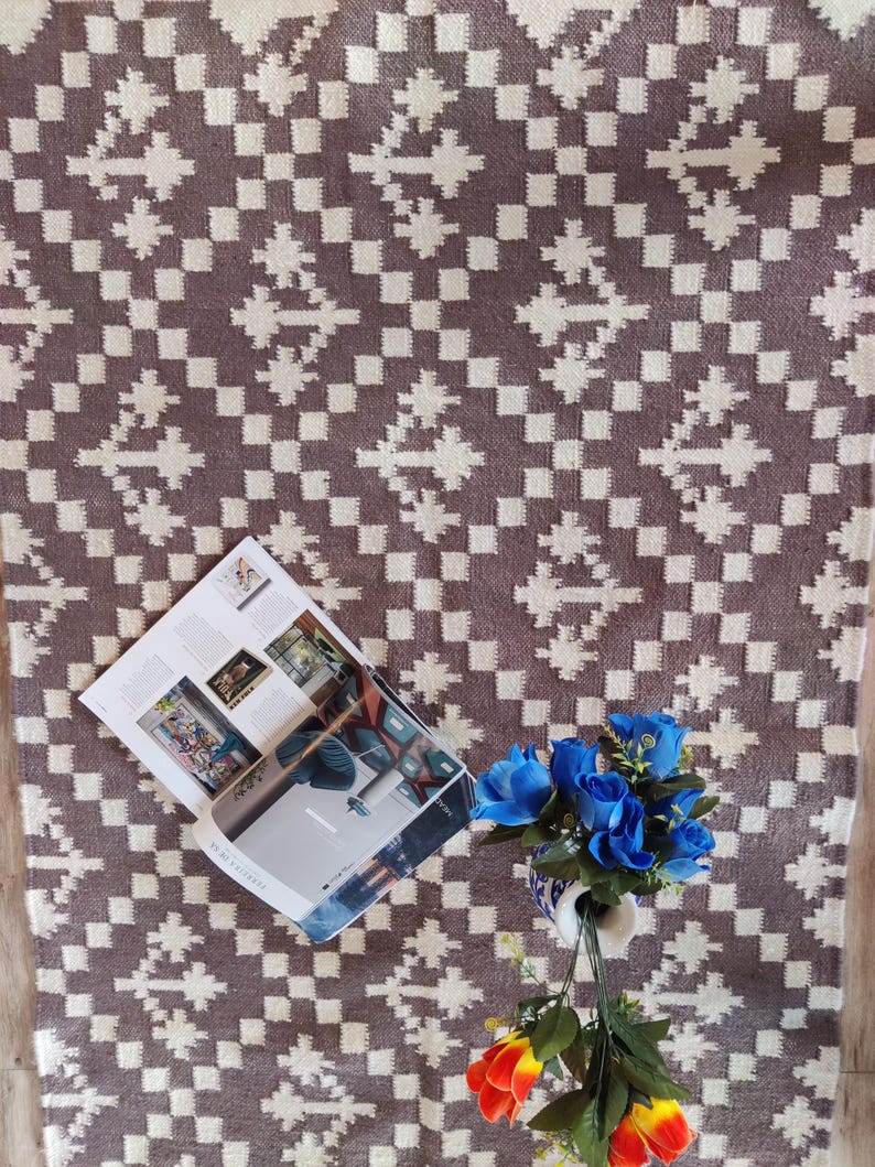 Handwoven Wool Rug, Modern Wool Brown And White Area Rug, Flatweave Rug, 5x8 Ft Kilim Woven Rug, Rugs For Bedroom, Indoor And Outdoor Rug