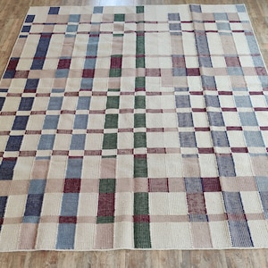 Handwoven Woolen Plaid Rug, Checker Home Decor Custom Area Rug, Bedroom And Living Room Rug, Elegant Checkered Pattern Rug, Wool Rug 8x10