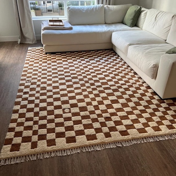 Hand-knotted Checkered Moroccan Rug, Handmade Brown Checkered Wool