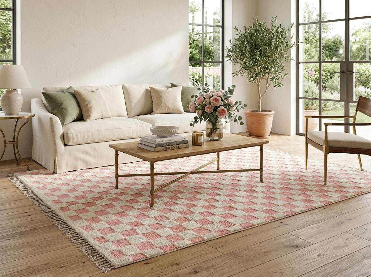 Pink Ivory Moroccan Wool Rug, Handmade Checkered Area Rug, Berber 