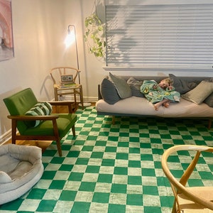 Checkerboard Handwoven Area Rug, Green Bohemian Checker Rug For Home & Living Room, Custom Carpet