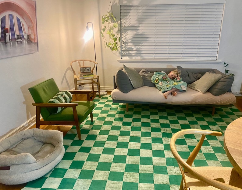 Checkerboard Handwoven Area Rug, Green Bohemian Checker Rug For Home & Living Room, Custom Carpet