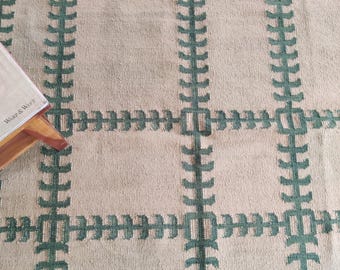 Handwoven Wool Area Rug: Green Checkered Grid, Natural Beige Carpet