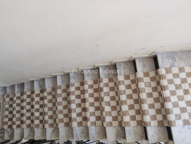 Stair Area Runner Rug - Modern Irregular Checkered Wool Dhurrie, Home Decor Step Area Rug, Stairway Padded Personalization Custom Rug