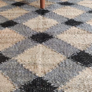 Handwoven Jute Hemp Rug, Black Grey Geometric Diamond Flatweave Carpet, Sustainable Natural Fiber Area Rug for Living Room 5x8, 6X9, 8X10, 
jute hemp rug,

geometric jute rug,

diamond pattern carpet,

natural fiber rug,

handwoven jute rug,

eco friendly rug,

sustainable floor rug,

neutral tone carpet,

boho farmhouse rug,

black grey jute rug,

flatweave area rug,

rustic decor rug