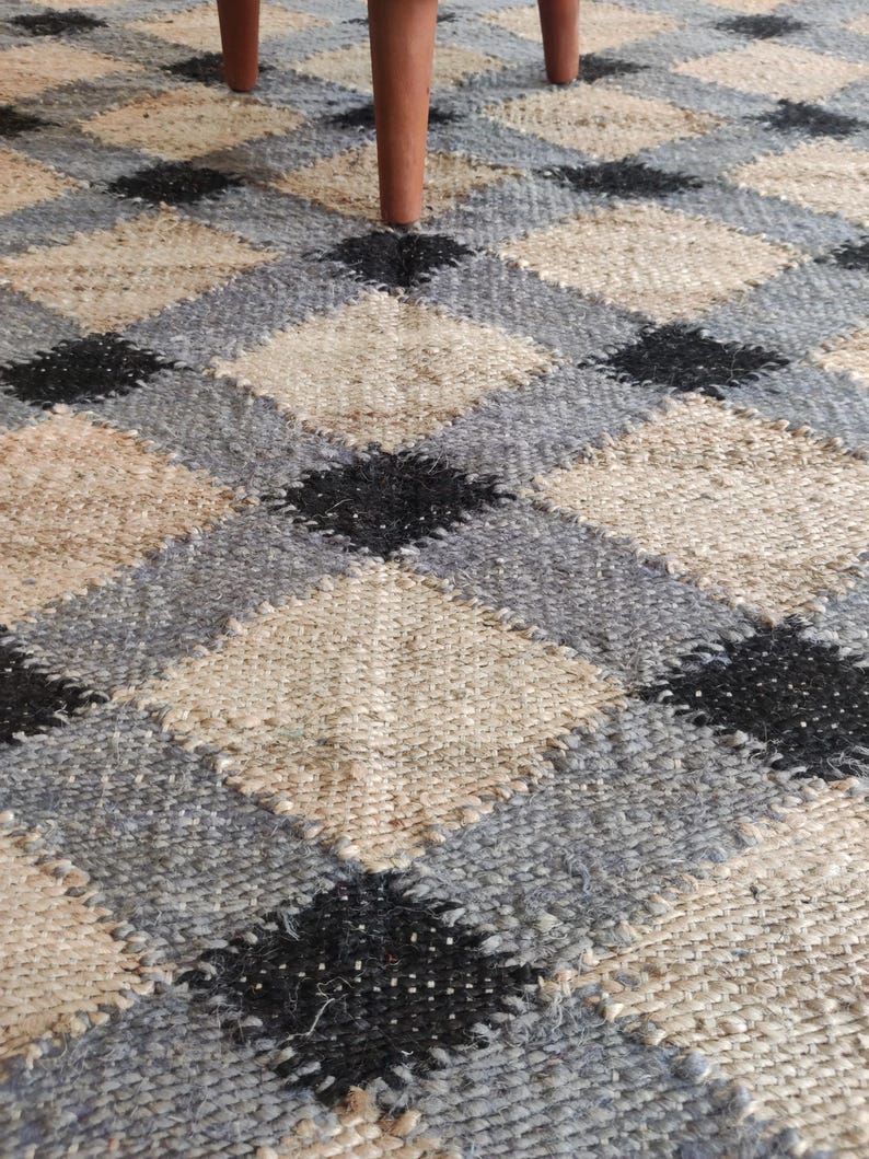 Handwoven Jute Hemp Rug, Black Grey Geometric Diamond Flatweave Carpet, Sustainable Natural Fiber Area Rug for Living Room 5x8, 6X9, 8X10, 
jute hemp rug,

geometric jute rug,

diamond pattern carpet,

natural fiber rug,

handwoven jute rug,

eco friendly rug,

sustainable floor rug,

neutral tone carpet,

boho farmhouse rug,

black grey jute rug,

flatweave area rug,

rustic decor rug