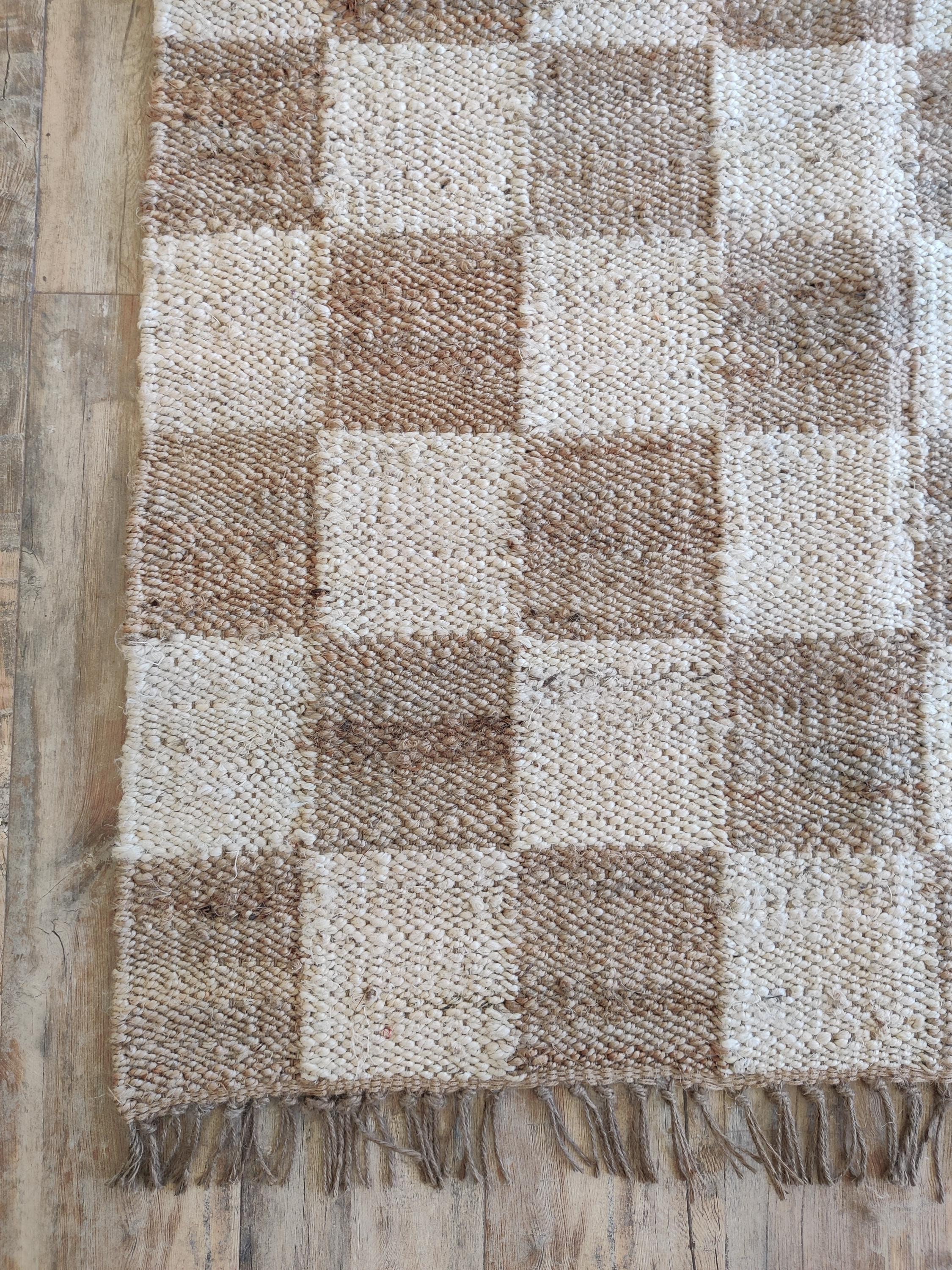 天然ジュートオーガニックチェック柄エリアラググリッド、寝室、廊下