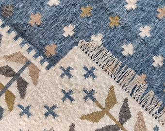 Scandinavian Wool Rug, Blue Floral Flatweave Carpet, Handmade Swedish Kilim Rug, Handwoven Minimalist Rug, Home Decor Rug, Bedroom Carpet