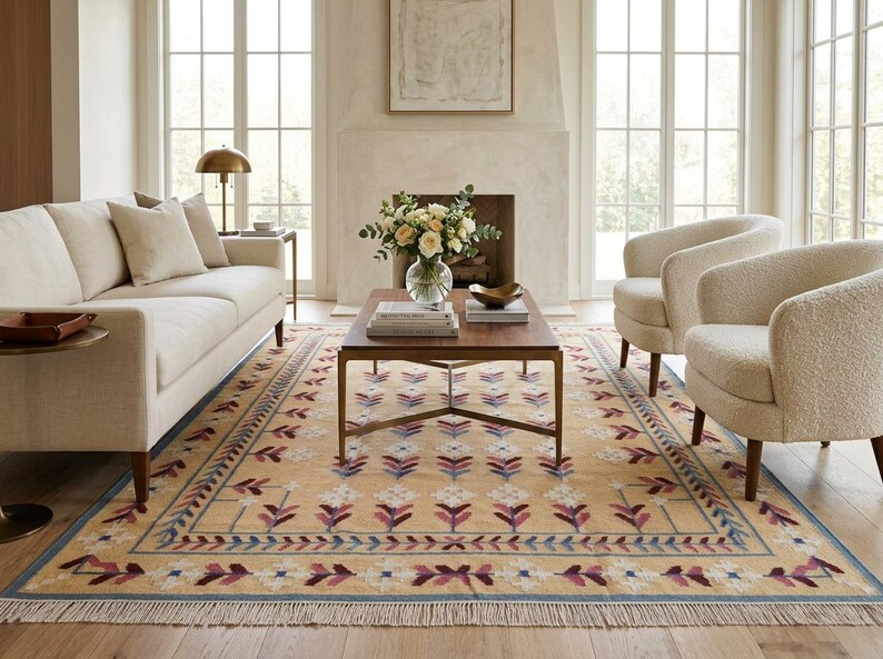 May include: A rectangular area rug featuring a light tan background with a repeating floral pattern in shades of deep red, purple, and blue. The rug has a decorative border and short white fringe along the edges, covering a wooden floor.