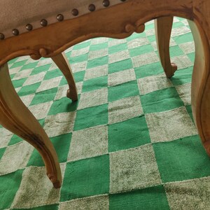 Green Checkered Cotton Chenille Rug, 8x10 Flatweave Area Rug, Handwoven Cotton Rug For Bedroom, Home And Living, Hallway Rug, Indoor Rug
