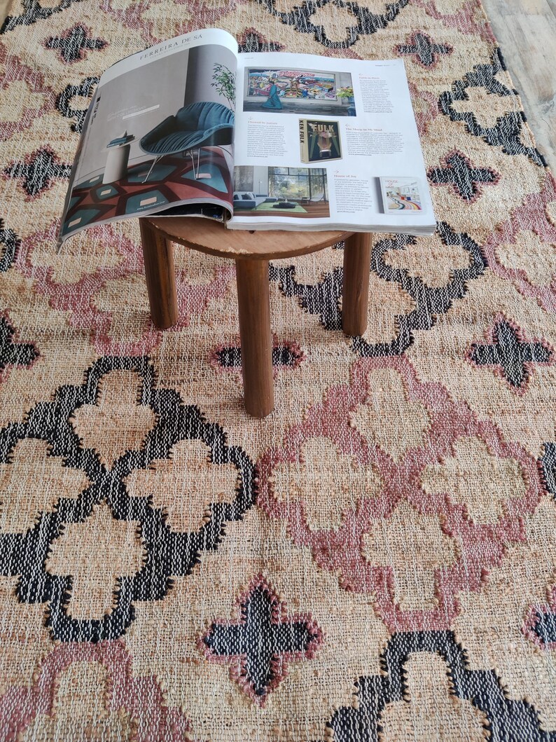 Beige Jute and Cotton Rug with Red Diamond, Natural Jute Hand Woven Premium Quality Boho Style Rug Moroccan Nordic Rug Bohemian Decor Rug