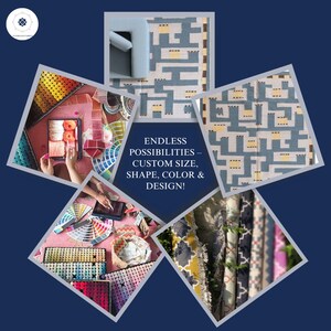 May include: A collage of images showcasing custom rugs and textiles with geometric patterns in blue, yellow, and grey. The central text reads: ENDLESS POSSIBILITIES &ndash; CUSTOM SIZE, SHAPE, COLOR & DESIGN! Includes yarn samples, color swatches, and fabric rolls.