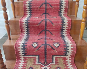 Handgeweven jute loper: Tribal kelim traptapijt