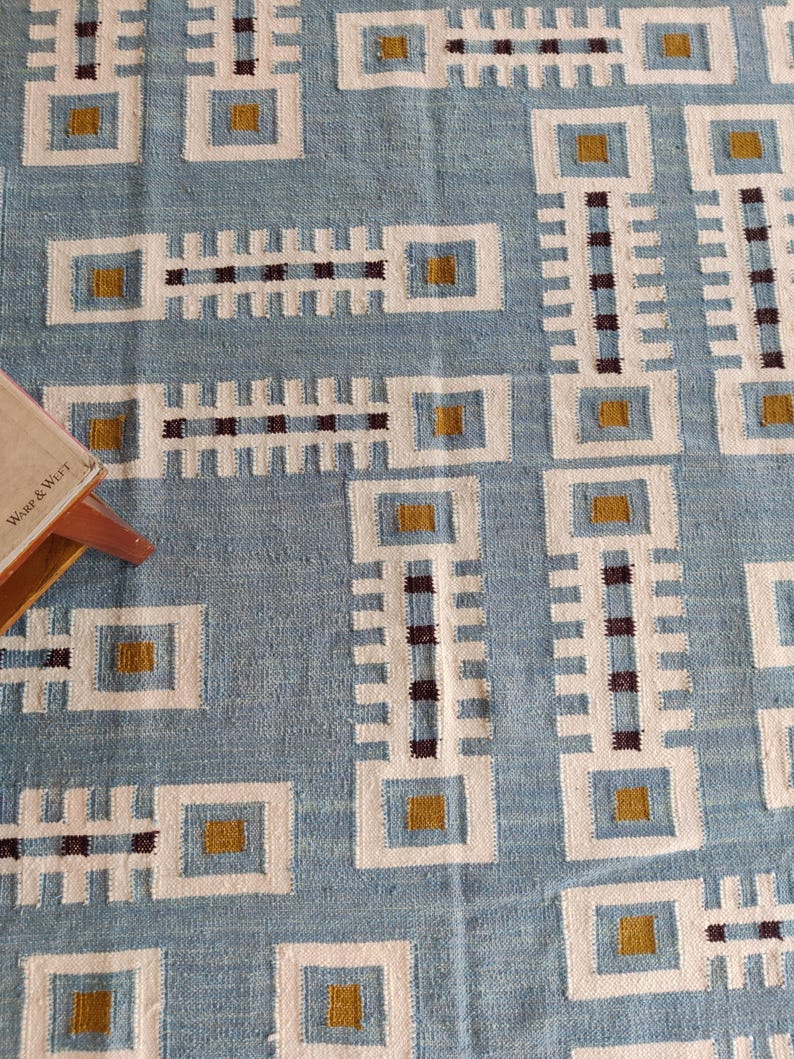 Modern Geometric Wool Rug, Handwoven Swedish Flatweave Rug, Handmade Mid Century Kilim Style Accent Rug, Blue Wool Rug 8x10, 9x12, 12x15, Modern design rug, Bedroom accent rug, Handmade kilim carpet, Indoor Rug, Personalized Rug, Luxury Rug