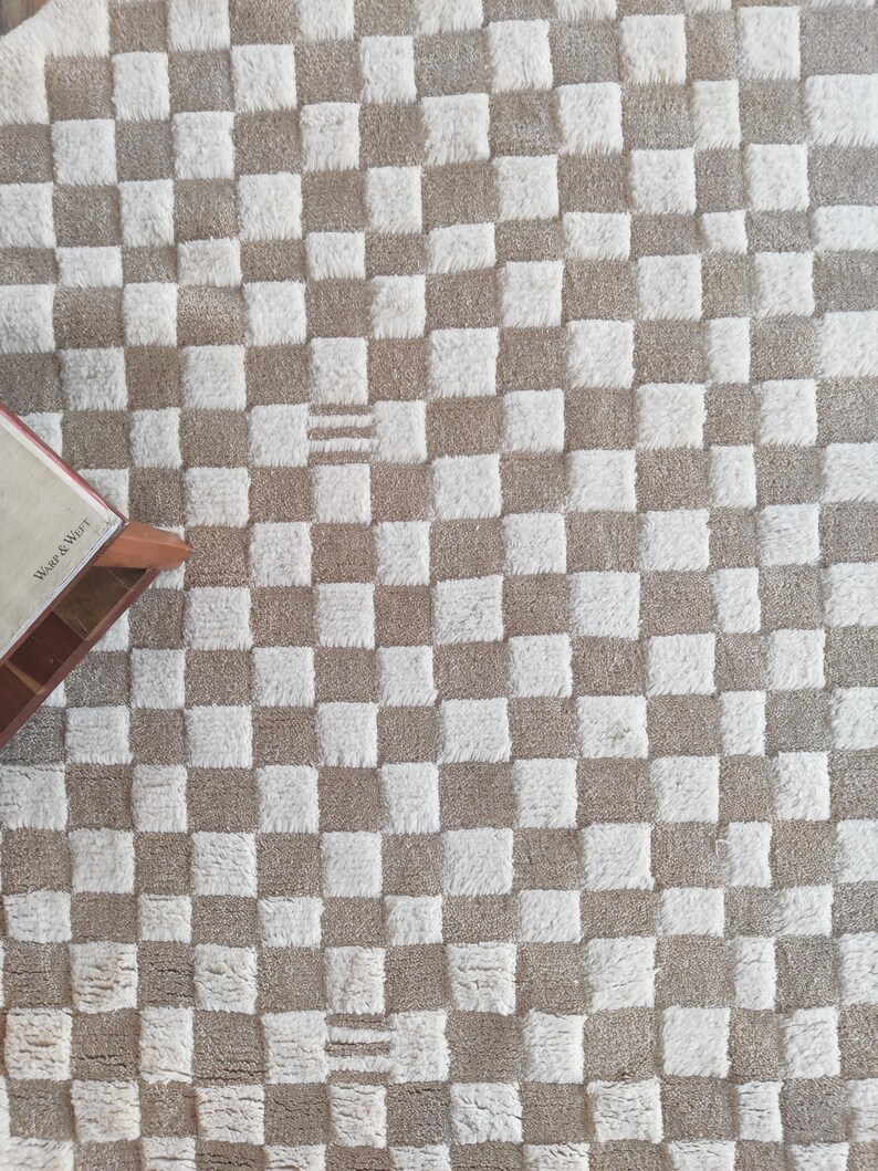 Beige Checkered Rug, Round Wool Rug, Beni Ourain Rug, Check Wool Rug, 5x5 Round Rug, Handmade Circle Rug, Rugs For Bedroom, Dining Table Rug