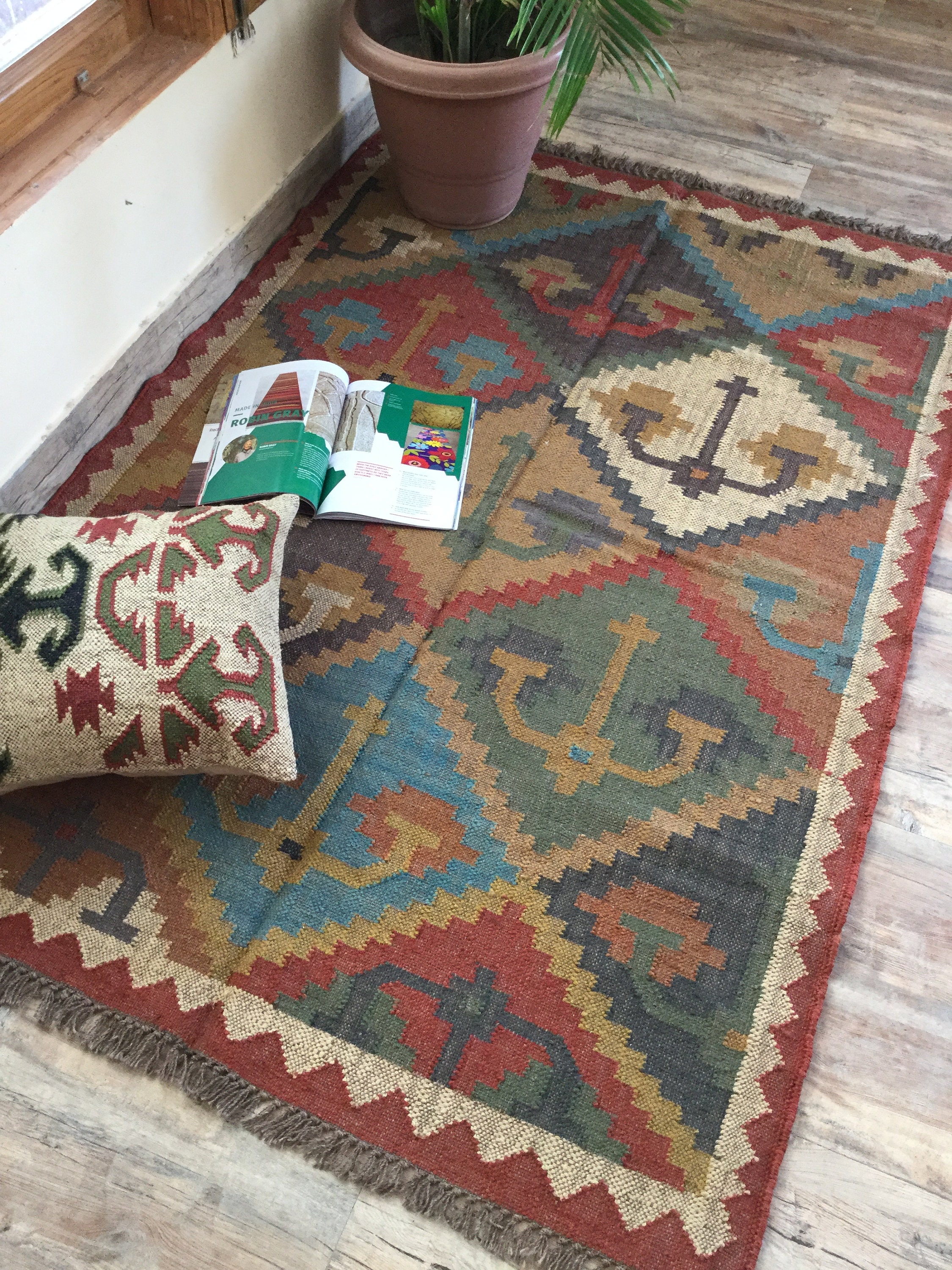 Handwoven Multicolor Wool Jute Rug Handmade Motifs Oriental Etsy