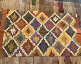 8X8 Home And Living, Handmade KILIM Rug, Multicolor; Jute KILIM Dhurrie; Traditional Indian; Chic Victorian Hipster, Floor And Rugs