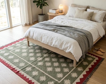 Handmade Wool Jute Kilim Rug, Green Tribal Flatweave Rug, Geometric Dhurrie Carpet, Eco-Friendly Boho Living Room Area Rug, Bedroom Rug
