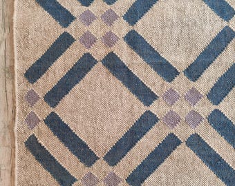 Handwoven Wool Jute Rug: Blue Checkered Geometric Kilim