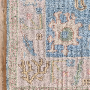 Hand-Knotted Wool Oushak Rug 5x7: Vintage Turkish Style, Soft Pastel Blue & Green