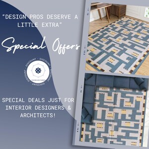 May include: A rectangular area rug featuring a geometric maze pattern in shades of blue, light gray, and yellow. The rug is displayed in two separate views, one on a wooden floor and another beneath a blue sectional sofa, with promotional text.