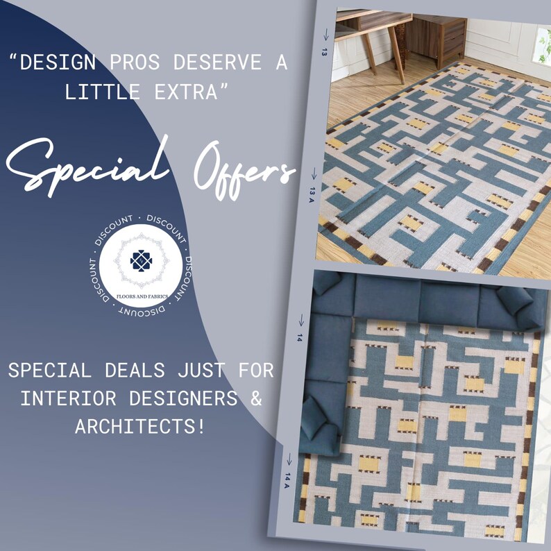 May include: A rectangular area rug featuring a geometric maze pattern in shades of blue, light gray, and yellow. The rug is displayed in two separate views, one on a wooden floor and another beneath a blue sectional sofa, with promotional text.