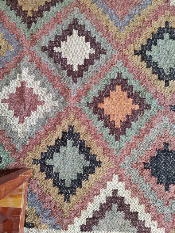 Geometric Wool And Jute Kilim Area Rug, Handmade Dhurrie, Kitchen & Dining Room Rug, Floor And Rugs