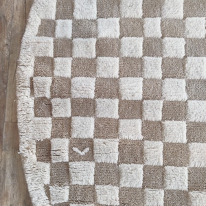 Beige Checkered Rug, Round Wool Rug, Beni Ourain Rug, Check Wool Rug, 5x5 Round Rug, Handmade Circle Rug, Rugs For Bedroom, Dining Table Rug