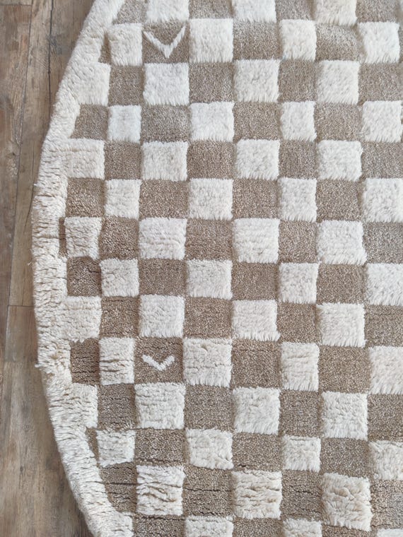 Beige Checkered Rug, Round Wool Rug, Beni Ourain Rug, Check Wool Rug, 5x5 Round Rug, Handmade Circle Rug, Rugs For Bedroom, Dining Table Rug