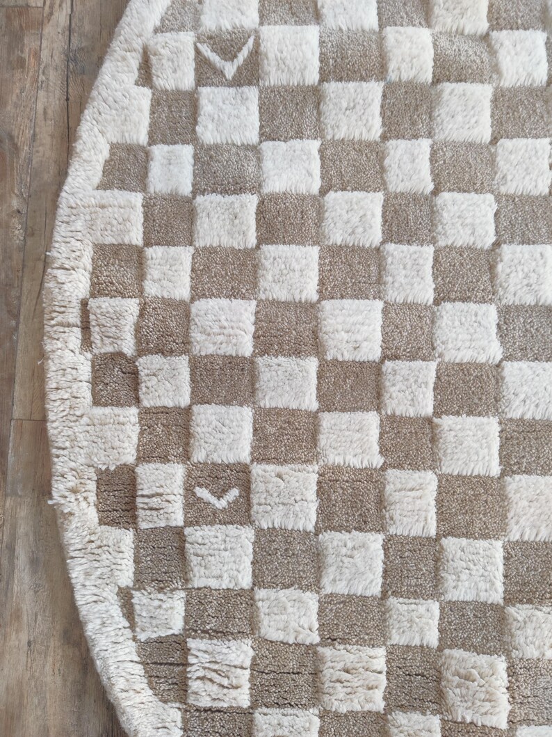 Beige Checkered Rug, Round Wool Rug, Beni Ourain Rug, Check Wool Rug, 5x5 Round Rug, Handmade Circle Rug, Rugs For Bedroom, Dining Table Rug
