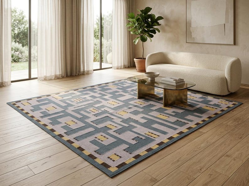 May include: A large rectangular area rug featuring a geometric pattern in shades of slate blue, light gray, and mustard yellow. The design consists of interlocking blocks and lines, with a dark brown border accenting the edges of the rug.